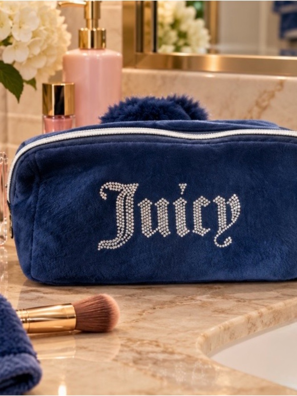 Juicy Couture Navy Plush Cosmetic Case with Rhinestone Logo and Bottle-NWT